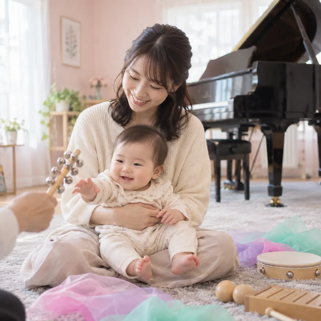 お母さんのひざの上で鈴に手をのばす赤ちゃん