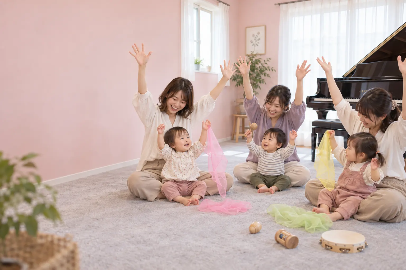グランドピアノのあるリトミック室で、親子が両手をあげて楽しむ様子