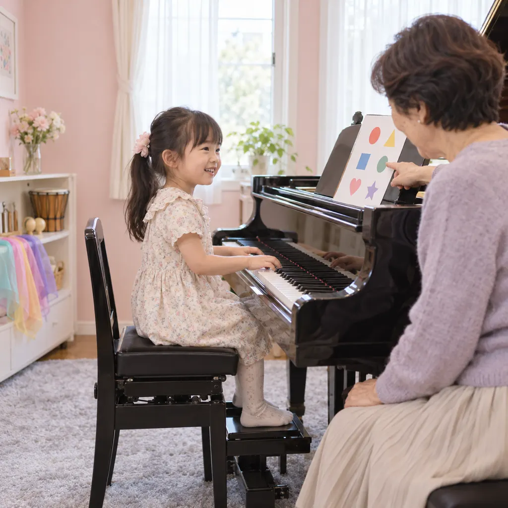 グランドピアノで個人レッスンを受ける女の子