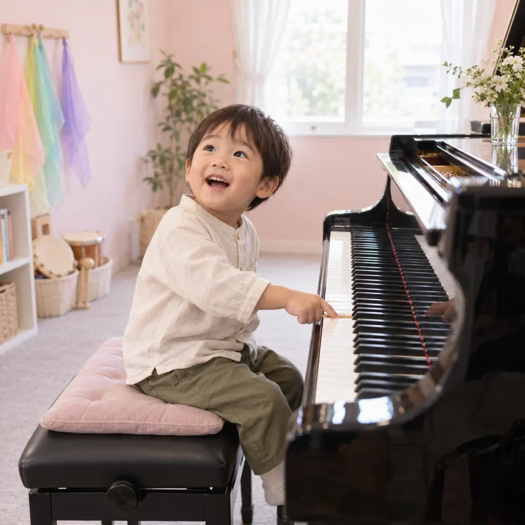 グランドピアノの鍵盤をそっと押す男の子